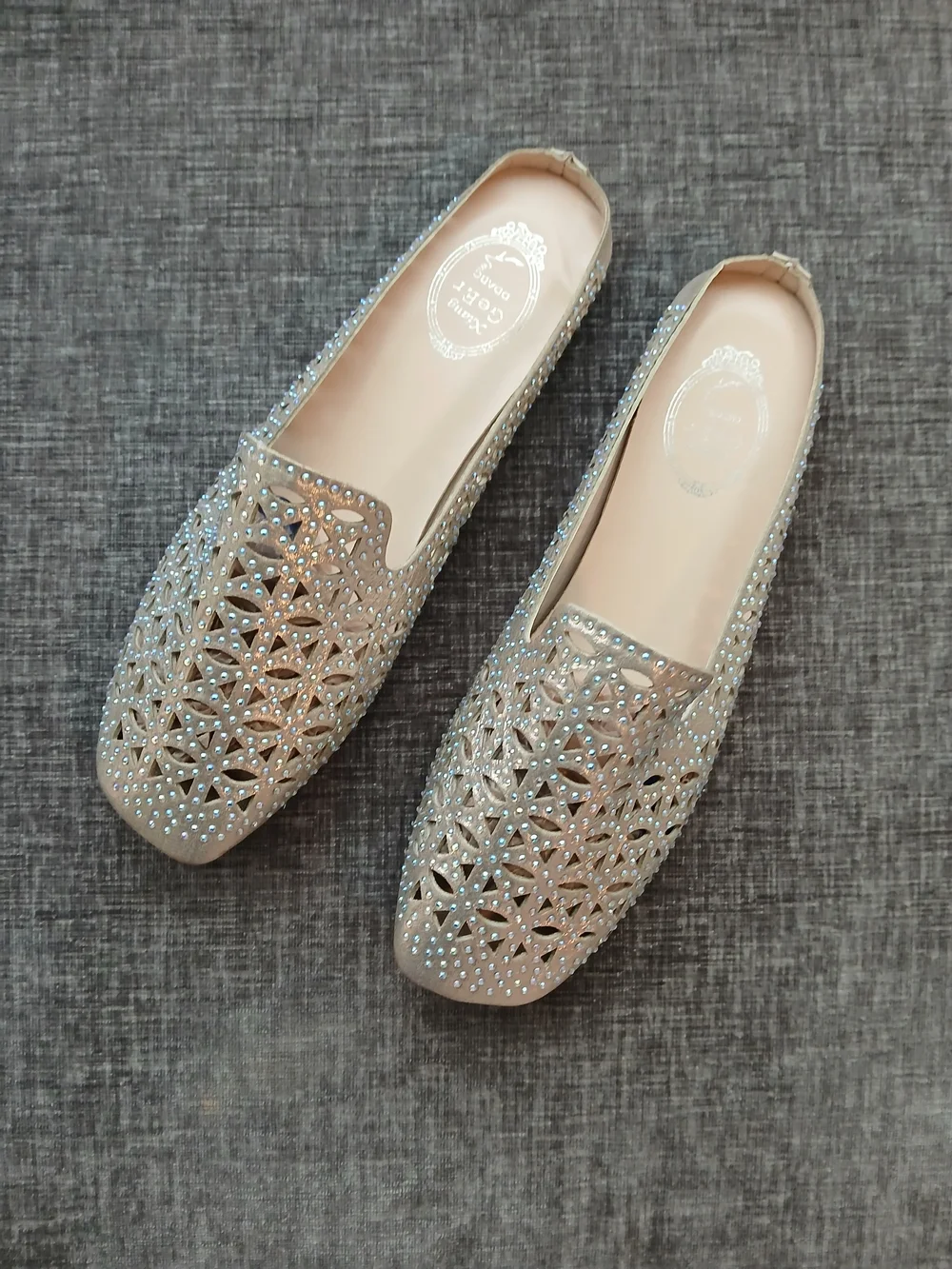 Laser-Cut Embellished Slip-On Flats in Champagne